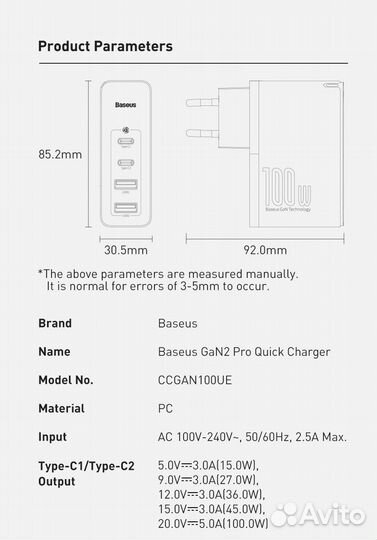 Зарядное устройство Baseus GaN 100W