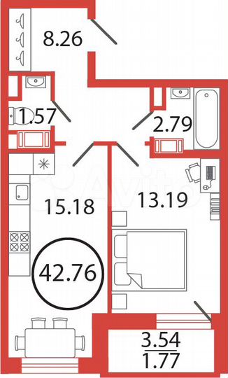 1-к. квартира, 42,8 м², 8/12 эт.