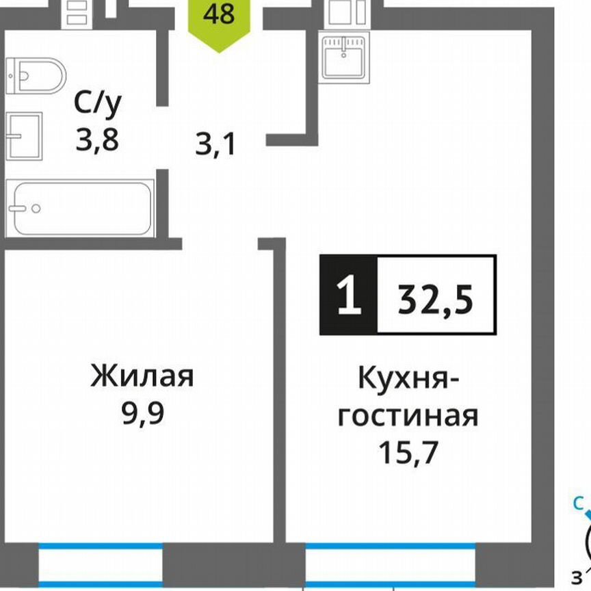 1-к. квартира, 32,5 м², 9/9 эт.