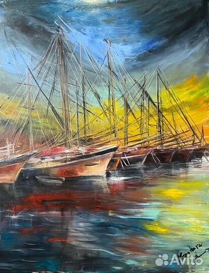 Картина пейзаж море корабли яхты