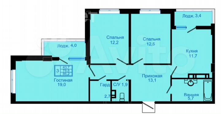 3-к. квартира, 86,2 м², 8/16 эт.