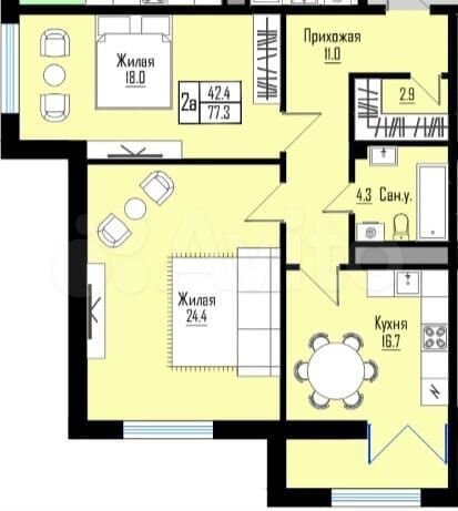 2-к. квартира, 77,3 м², 3/12 эт.
