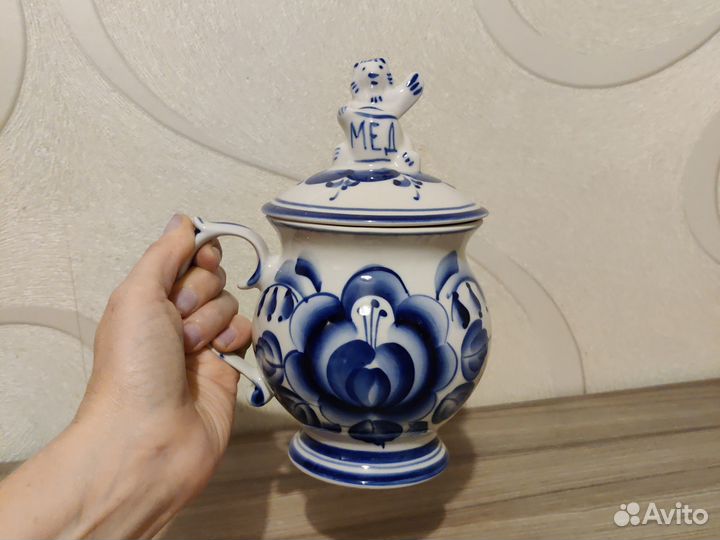 Банка кружка для мёда Гжель с крышкой