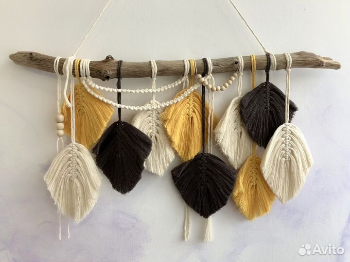 Макраме панно листья/перья, гобелен, декор бохо