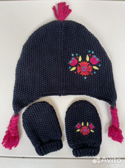 Шапка и варежки хлопок на 12-18 мес