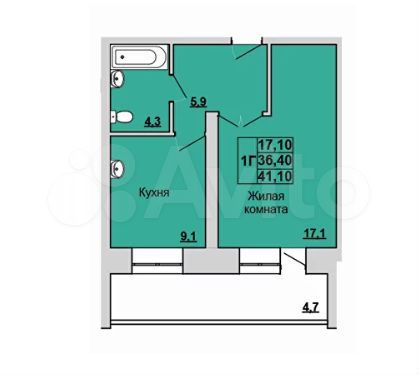 1-к. квартира, 41,1 м², 4/5 эт.
