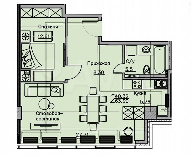 Квартира-студия, 63,9 м², 9/17 эт.