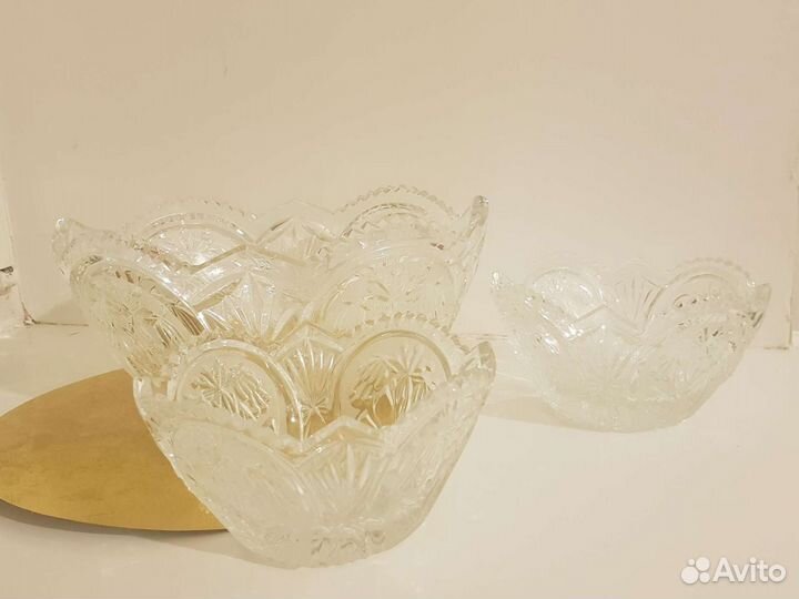 Комплект 3 шт: 1 ваза большая хрустальная+2 малых