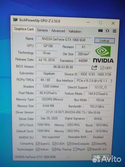Gigabyte gtx 1060 6gb G1 Gaming (не исправна)