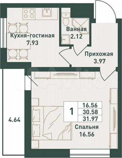 1-к. квартира, 32 м², 4/16 эт.