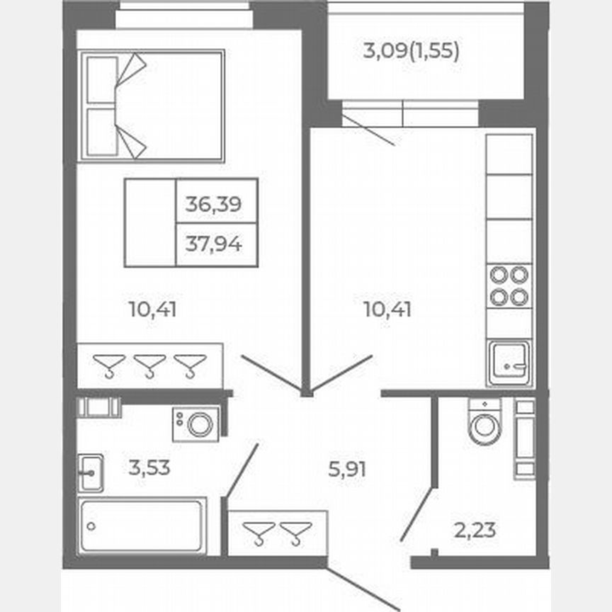 1-к. квартира, 36,4 м², 4/4 эт.