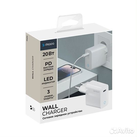 Сзу USB Type-C, Power Delivery, 20Вт, белый, Deppa