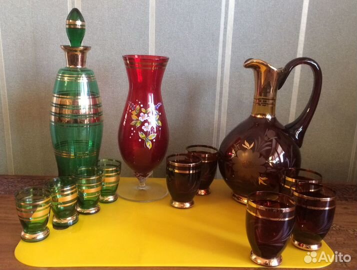 Богемское стекло 60-х гг, штоф рюмки ваза