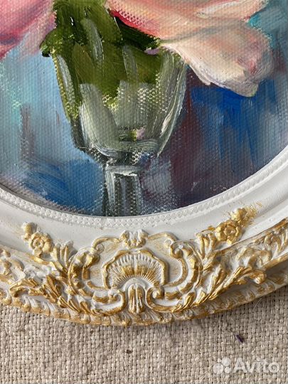 Картина маслом на холсте цветы с оформлением