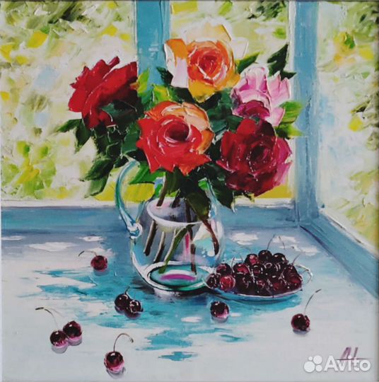 Картина холст масло 57*57 букет в вазе розы