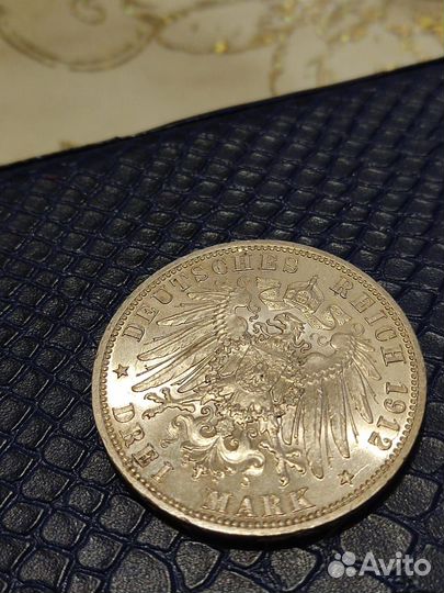 Монета серебро 3 марки 1912 год