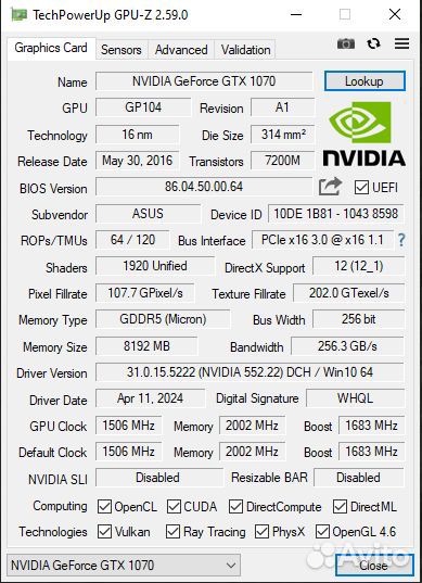 Видеокарта Asus 1070 8 Gb