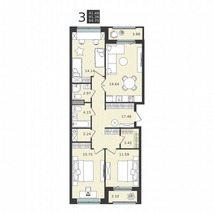 3-к. квартира, 94,8 м², 1/6 эт.