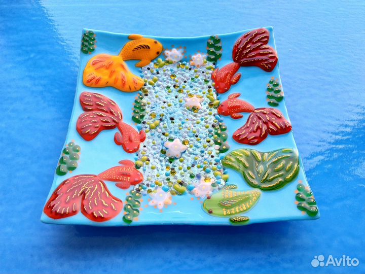 Тарелка с рыбками из стекла. Фьюзинг