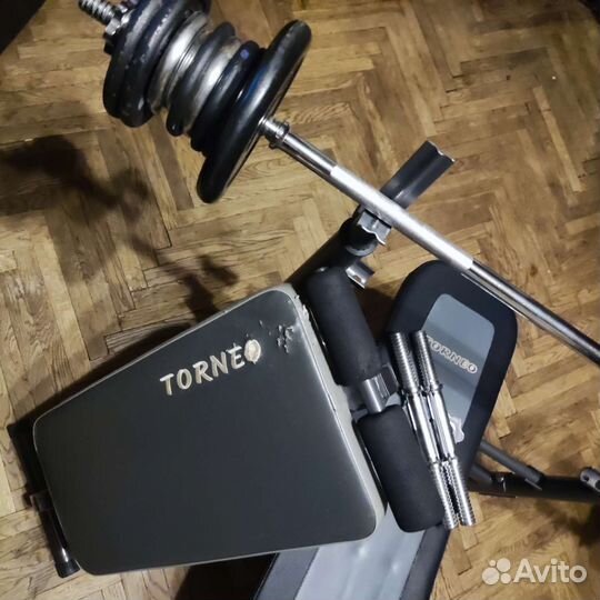 Тренажер для жима и штанга гриф гантели