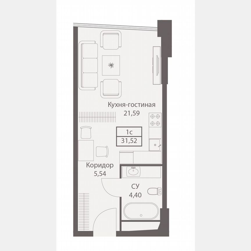 Апартаменты-студия, 31,5 м², 6/20 эт.