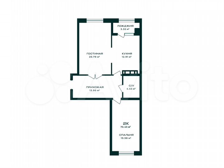 2-к. квартира, 73,4 м², 2/9 эт.