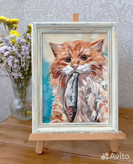 Картина маслом в рамке Котик и рыбка Картина кот