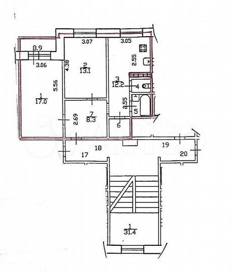 2-к. квартира, 56,7 м², 5/5 эт.
