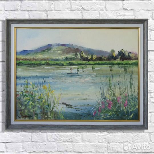 Картина маслом в рамке. Лето на реке Сок