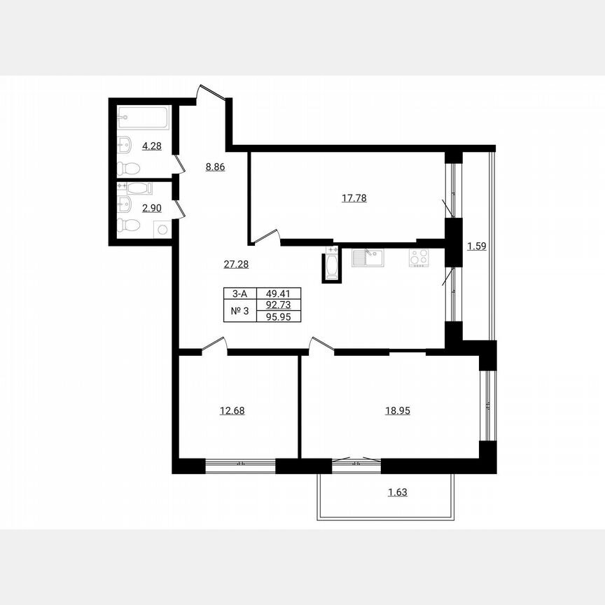 3-к. квартира, 96 м², 6/9 эт.
