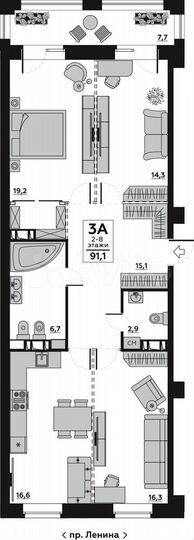 3-к. квартира, 95,2 м², 3/20 эт.