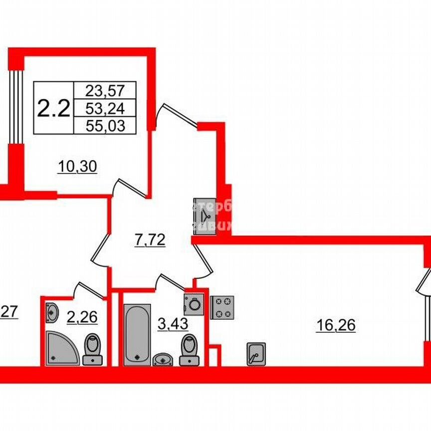 2-к. квартира, 53,2 м², 1/4 эт.