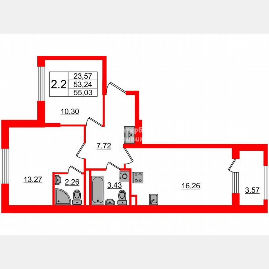 2-к. квартира, 53,2 м², 1/4 эт.