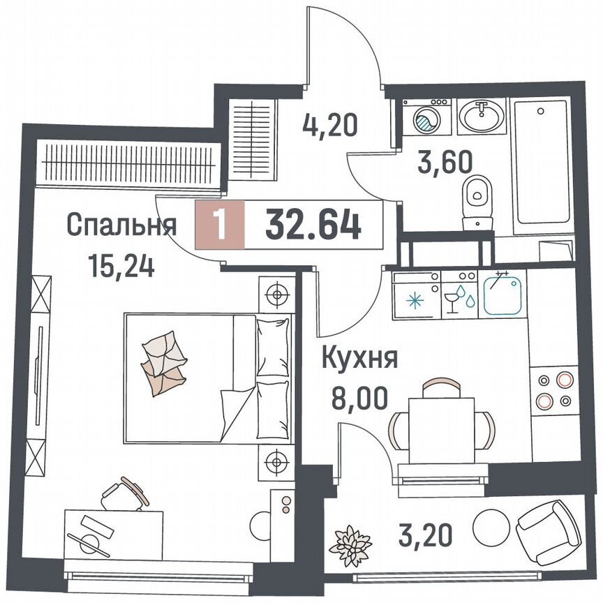 1-к. квартира, 32,6 м², 9/18 эт.