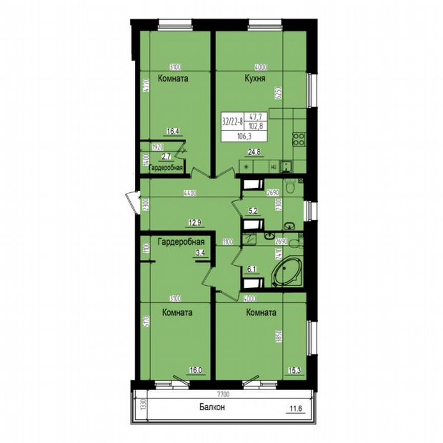 3-к. квартира, 106,3 м², 2/23 эт.