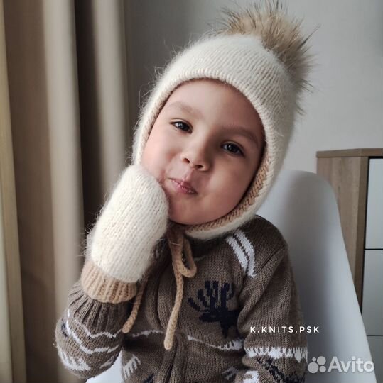 Новый Зимний вязаный комплект шапка и варежки