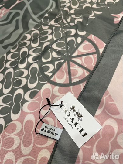 Платок шаль шелковый Coach серый с розовым