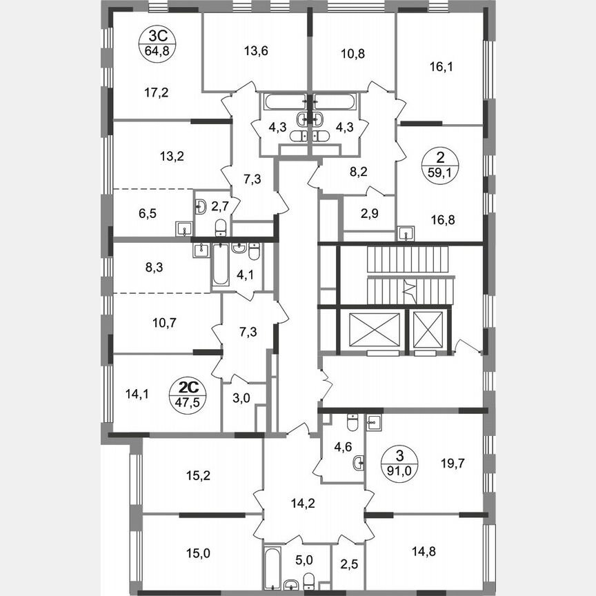 3-к. квартира, 64,8 м², 2/17 эт.