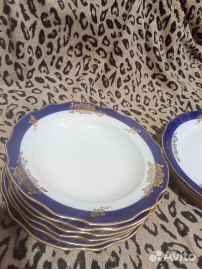 Тарелки Дулево, СССР. Кобальт, золото, крыжовник