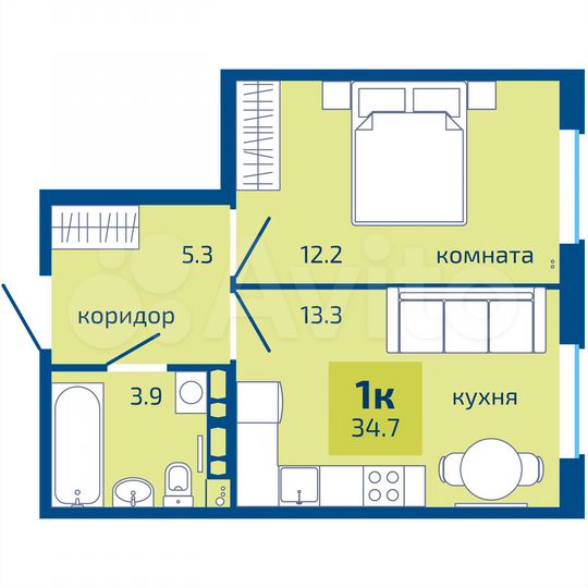 1-к. квартира, 34,7 м², 2/10 эт.