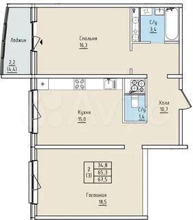 2-к. квартира, 67 м², 12/16 эт.