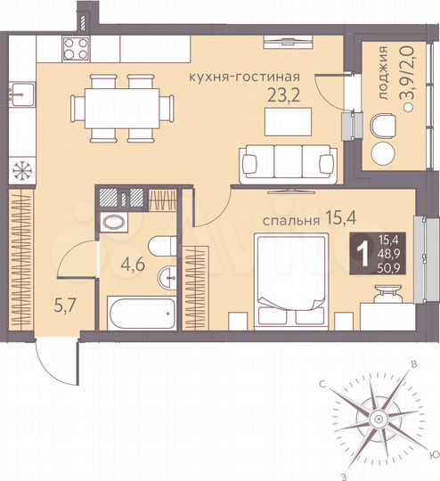 1-к. квартира, 50,9 м², 13/16 эт.