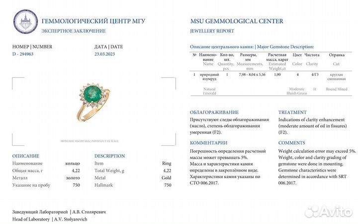 Кольцо No name Природный изумруд 1,90 ct Moderate