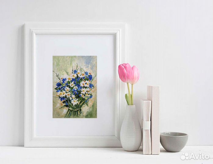 Картина Букет цветов незабудки ромашки маслом