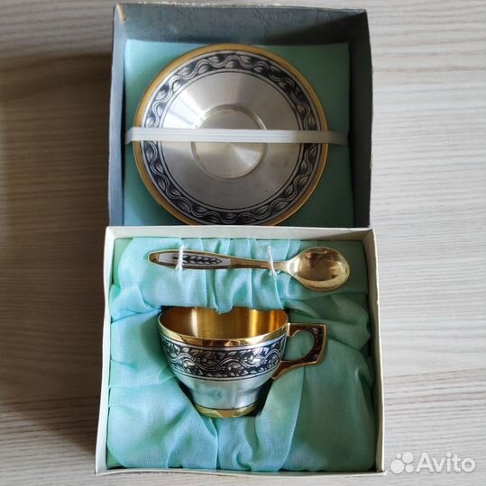 Кофейная чашка с блюдцем и ложечкой, серебро 875