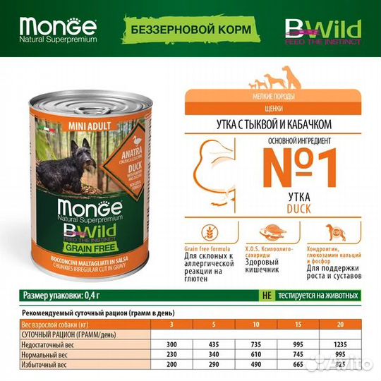 Корм для собак Monge Dog BWild GF Mini утка