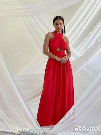 Красный комбинезон с брюками палаццо на завязках