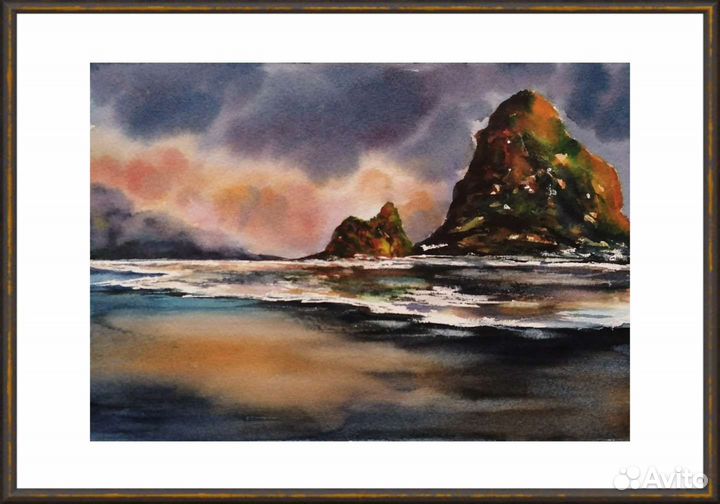 Фьорды на закате. Пейзаж, акварель