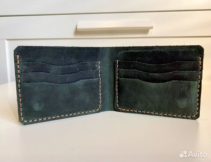 Кошелек мужской кожаный зелёный ручной работы