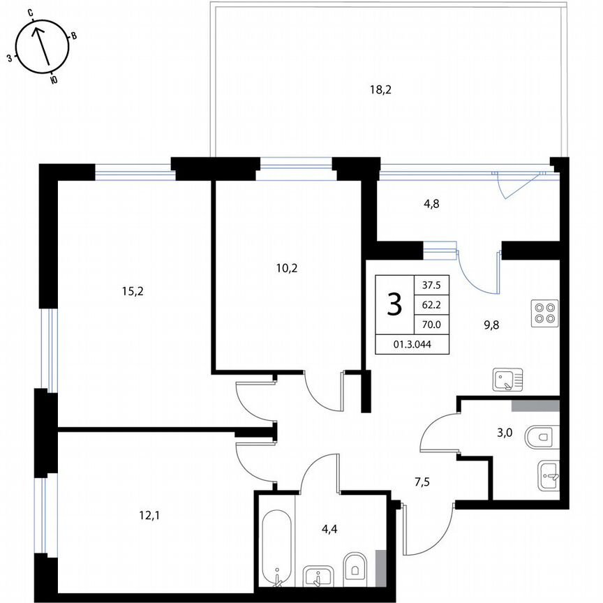3-к. квартира, 70 м², 1/3 эт.